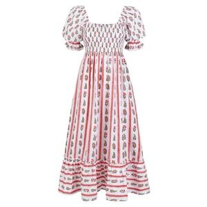 Pink City Prints Cindy Sweetheart Dress Pink Smocked Cotton Midi Size L